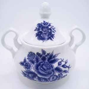 Porcelain London Pottery Sugar Bowl Cobalt Blue Flowers 2 Handled with Lid